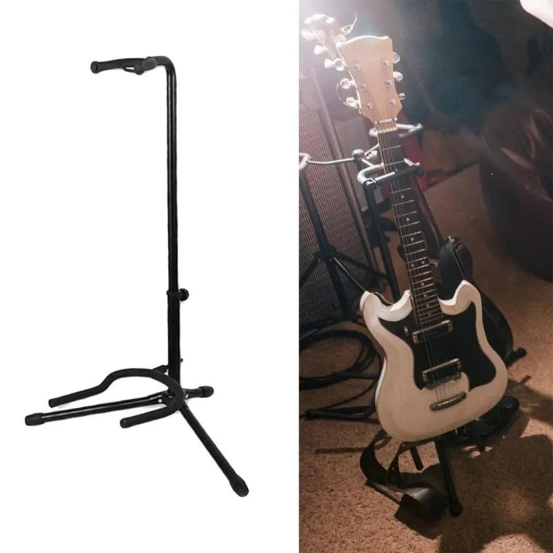 Black foldable guitar stand with rubber protective covers for acoustic and electric instruments