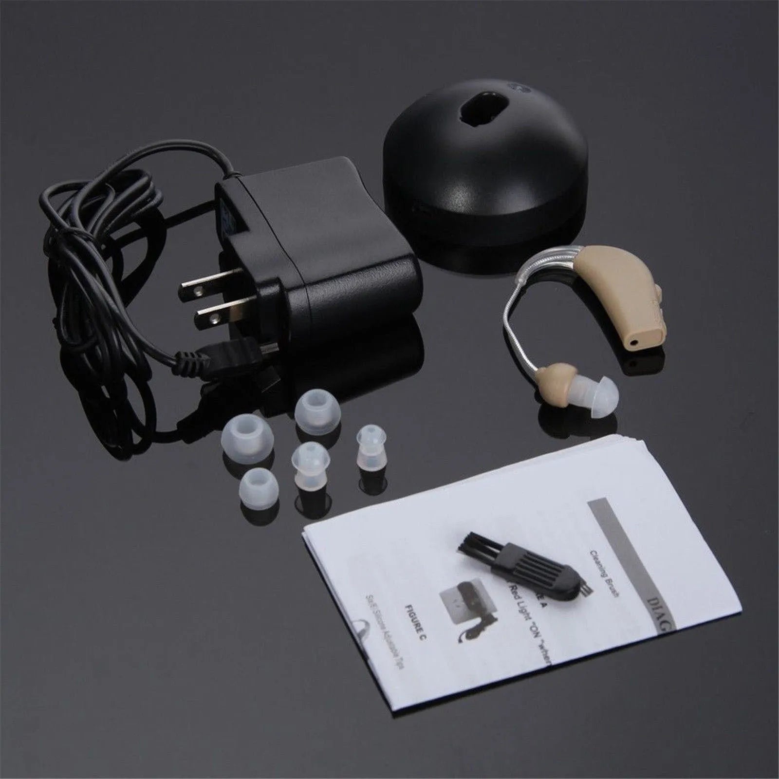 Mini digital behind-the-ear rechargeable hearing aid amplifier with UK and US plug options.