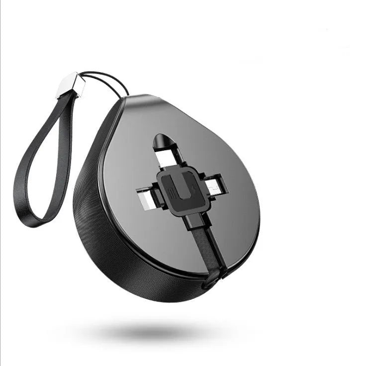 Black telescopic three-in-one fast charging data cable extended to 1 metre with split connector