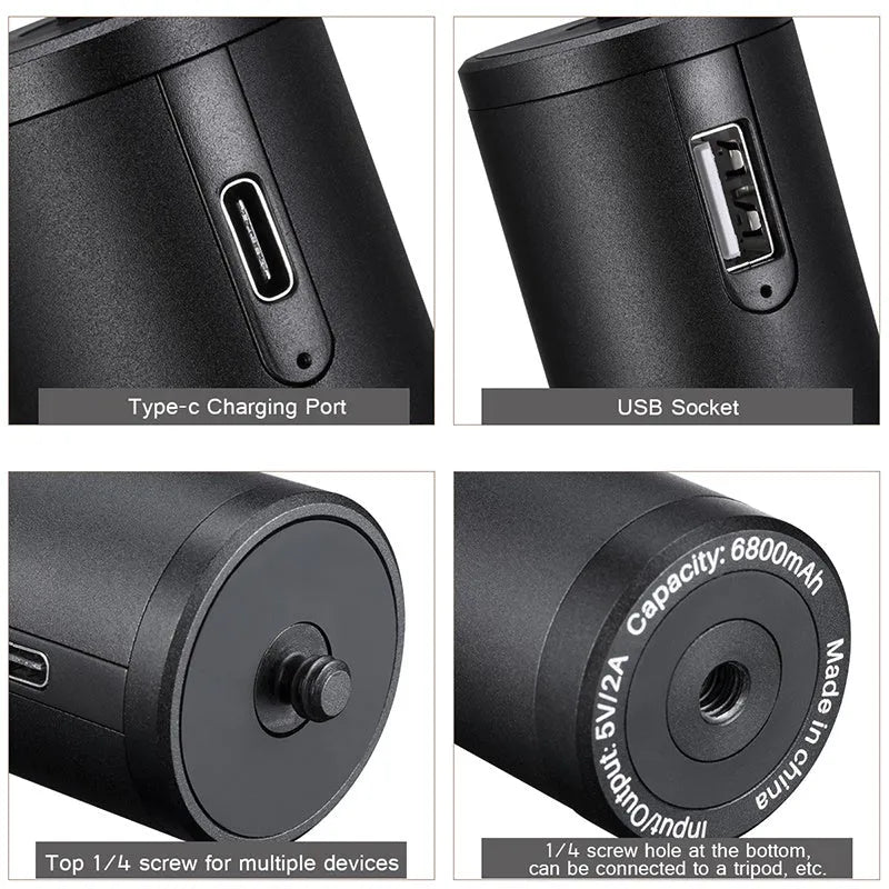 Black aluminium portable power bank with handle and 6800mAh capacity