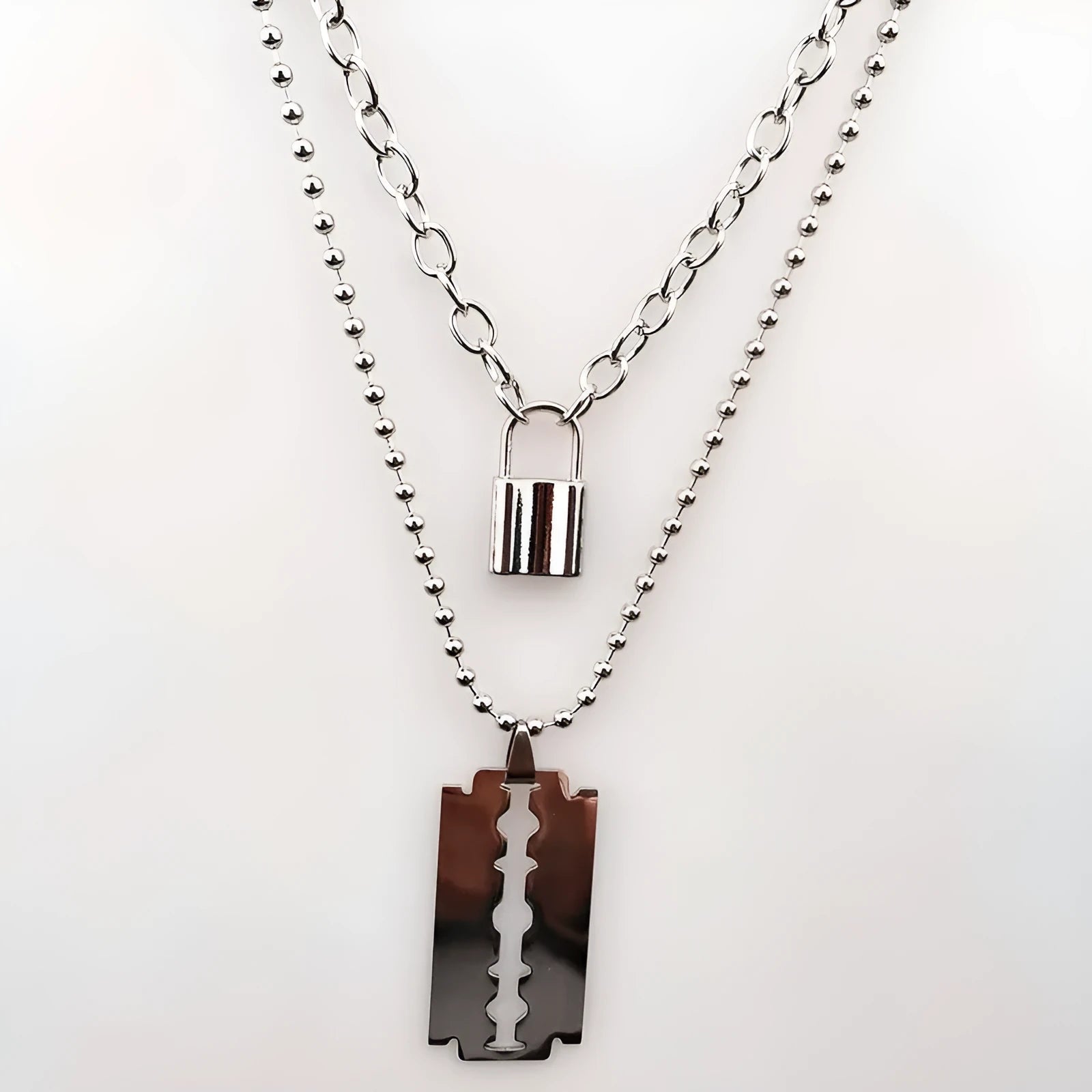 Layered Chains Punk Necklace with Blade and Two Piece Styles in Alloy and Titanium Steel Electroplated Finish Picture Colour European and American Style