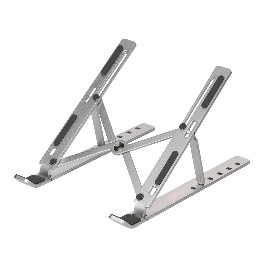 Silver cooling folding computer stand made of aluminium alloy and silicone pads for laptops under 16 inches