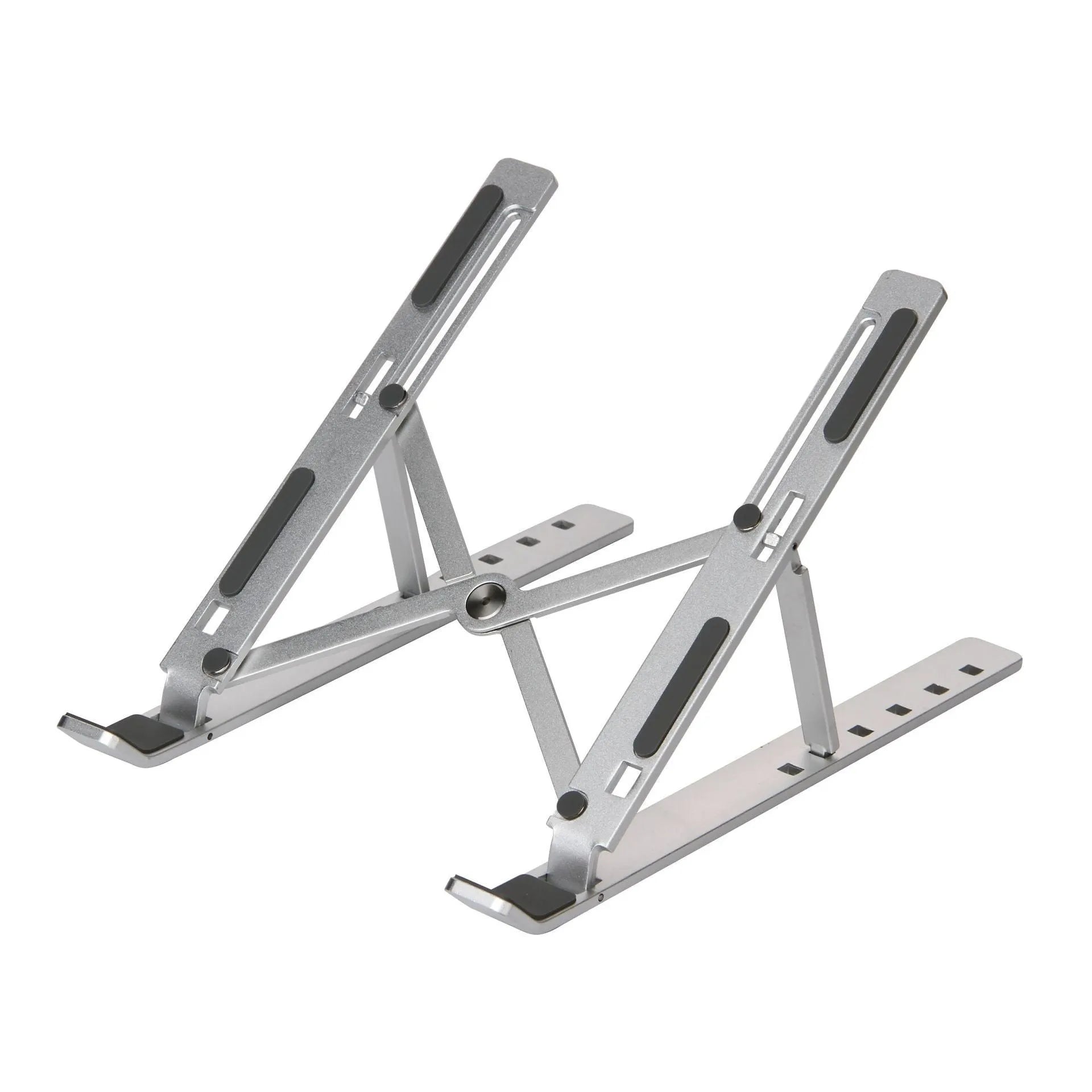 Silver cooling folding computer stand made of aluminium alloy and silicone pads for laptops under 16 inches