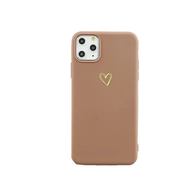 Hand painted love phone case in brown TPU matte feel with side lanyard holes and bronzing detail