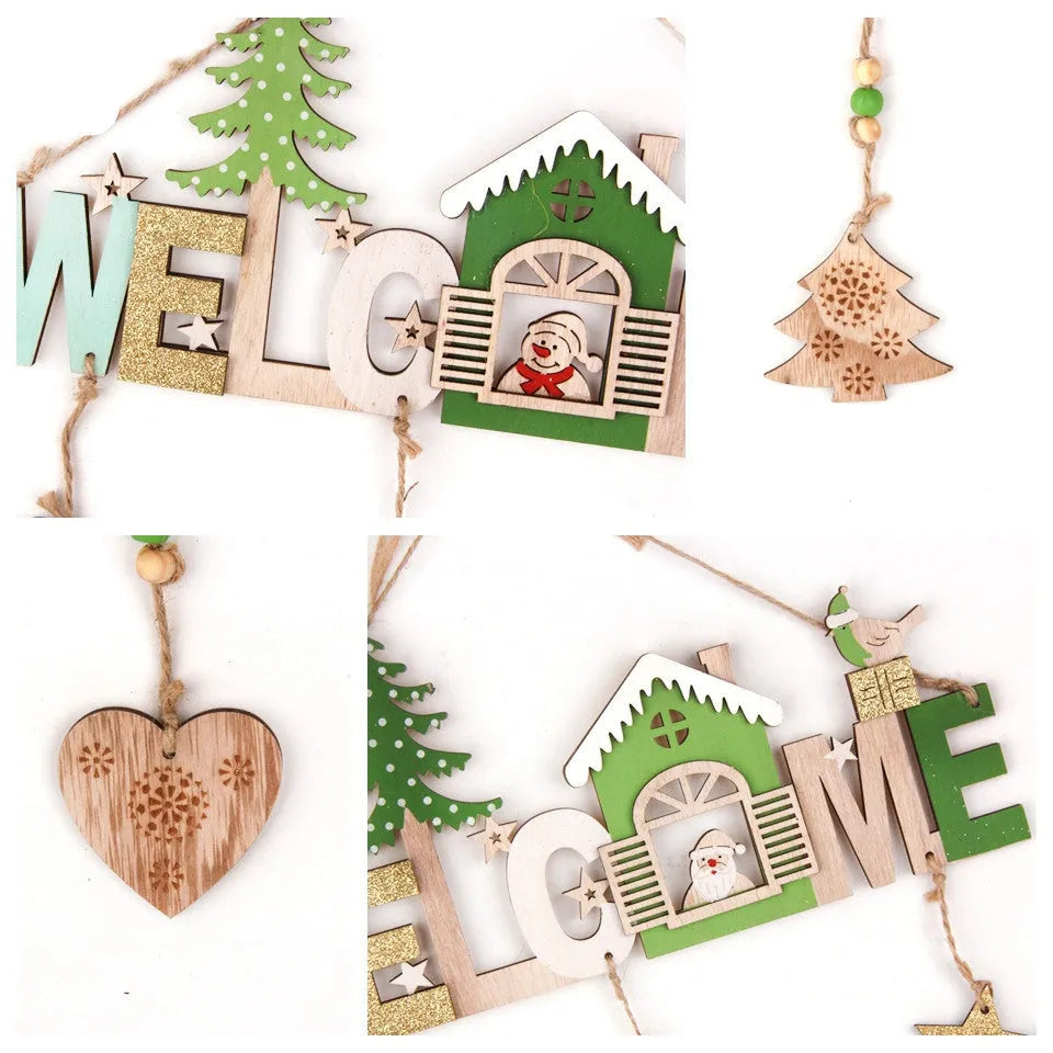 Wooden Christmas ornament set with old man, snowman, and elk figures, 43 cm total length