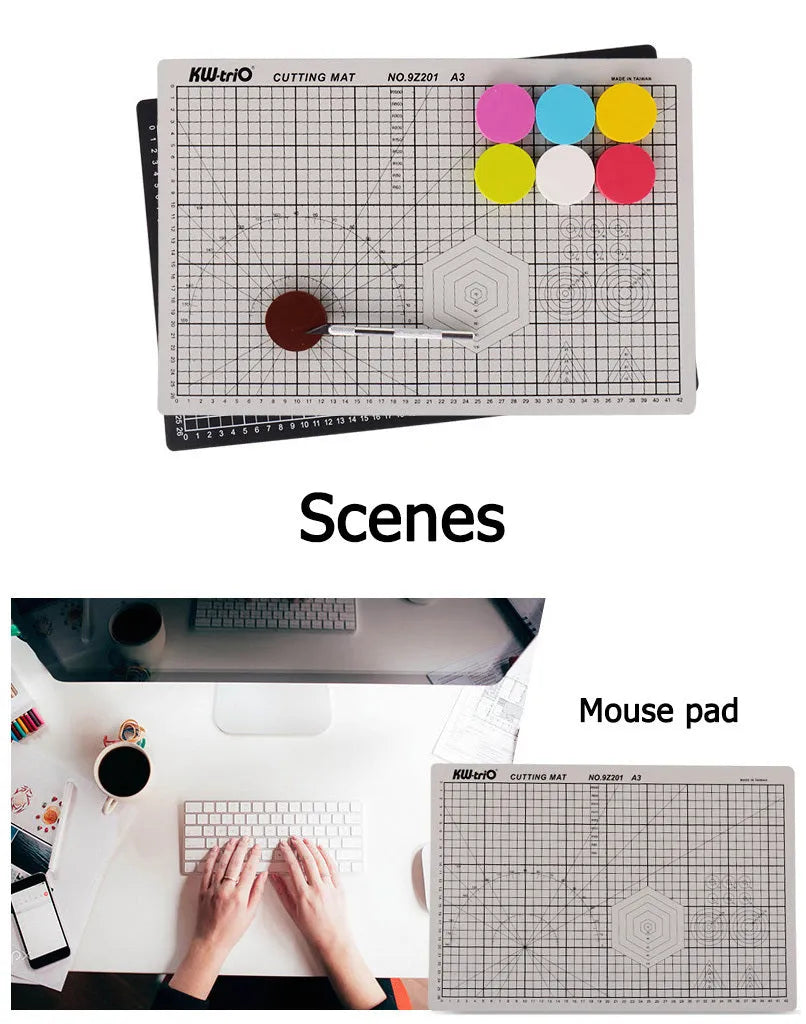 A3 sized green self-healing cutting mat with centimetre grid lines, shown on a desk with a craft knife.