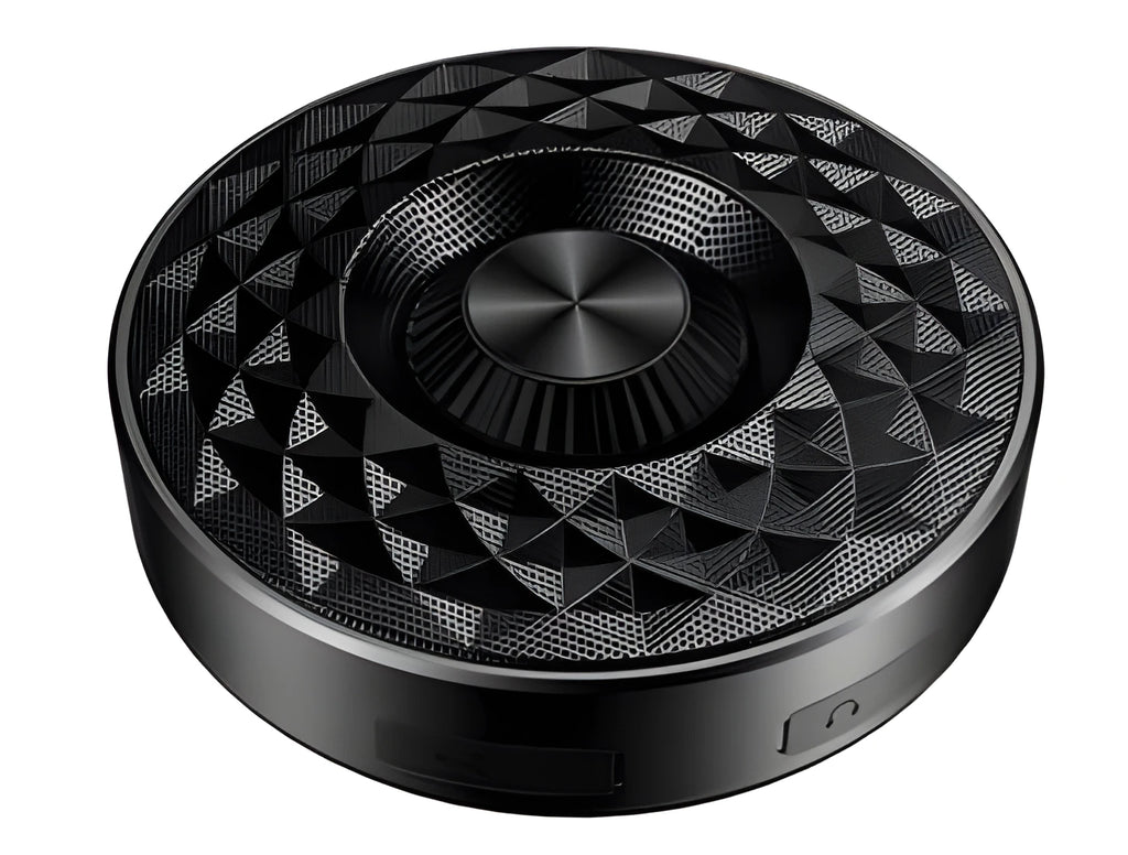 Black, orange, and silvery white mini portable Bluetooth speaker with microphone