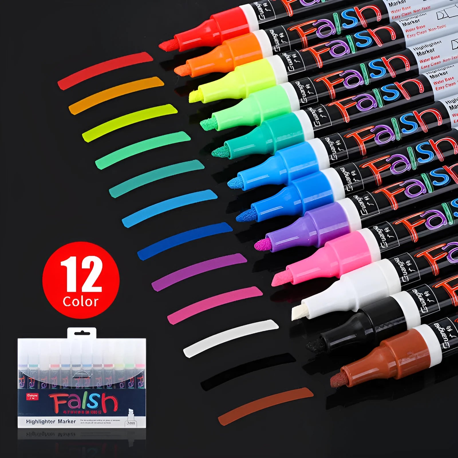 Electronic fluorescent board highlighter pen with plastic shell and oblique tip, shown in 8 colour refill set.