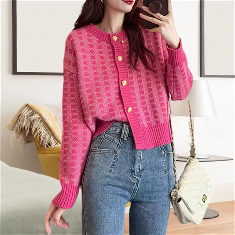 Pink plaid loose knit cardigan for women with button front, long sleeves, and 50cm length