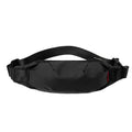 Black oxford cloth men's crossbody waist pack showing front zipper and strap.