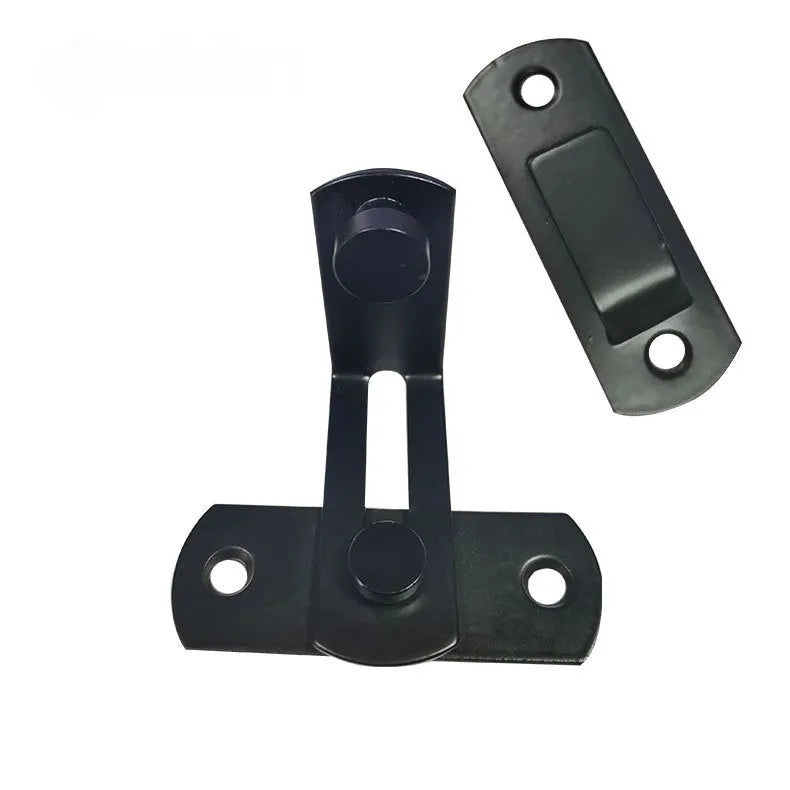 Black carbon steel and stainless steel 90-degree warehouse hook lock for sliding barn doors.