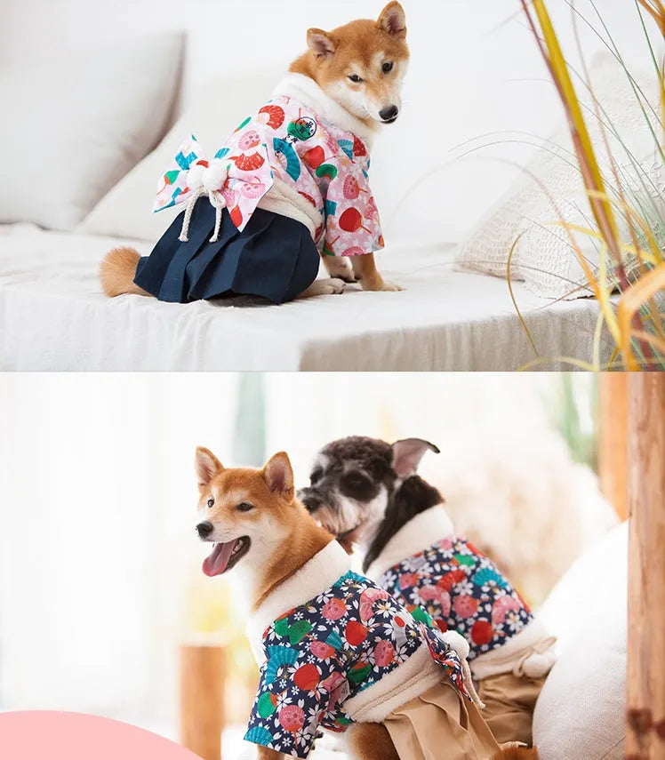 Winter dog coat in Japanese kimono style with cotton polyester fabric, available in sizes XS to 2XL for small and large breeds