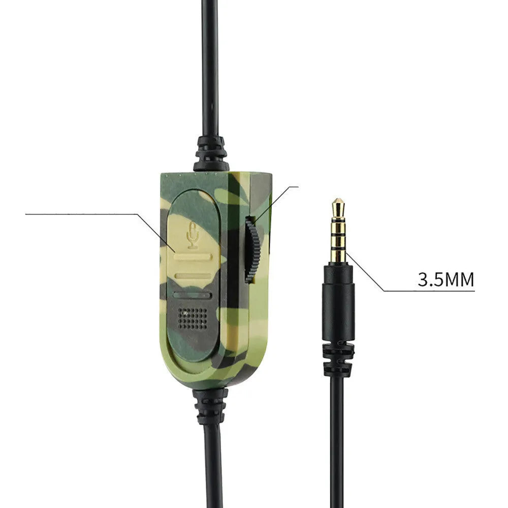 Army green camouflage wired over-ear gaming headset with a black microphone and 3.5mm plug.
