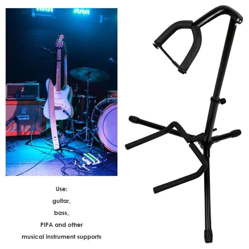 Black foldable guitar stand with rubber protective covers for acoustic and electric instruments