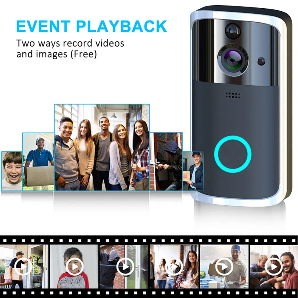 WiFi video doorbell camera in black, compact size, with night vision feature and two-way intercom