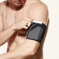 Mobile phone arm pocket in black with plain pattern on a white background, showing armband and pocket for phones under 6.5 inches