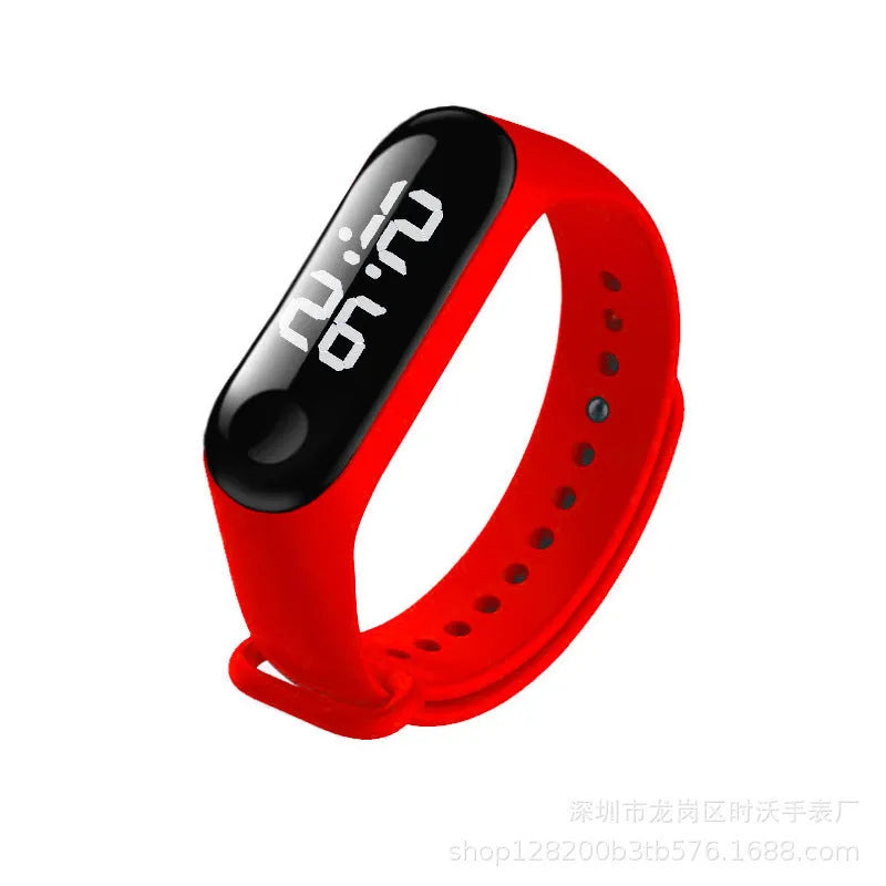 Waterproof touch electronic LED watch with 30mm square plastic case and silicone strap, showing digital display