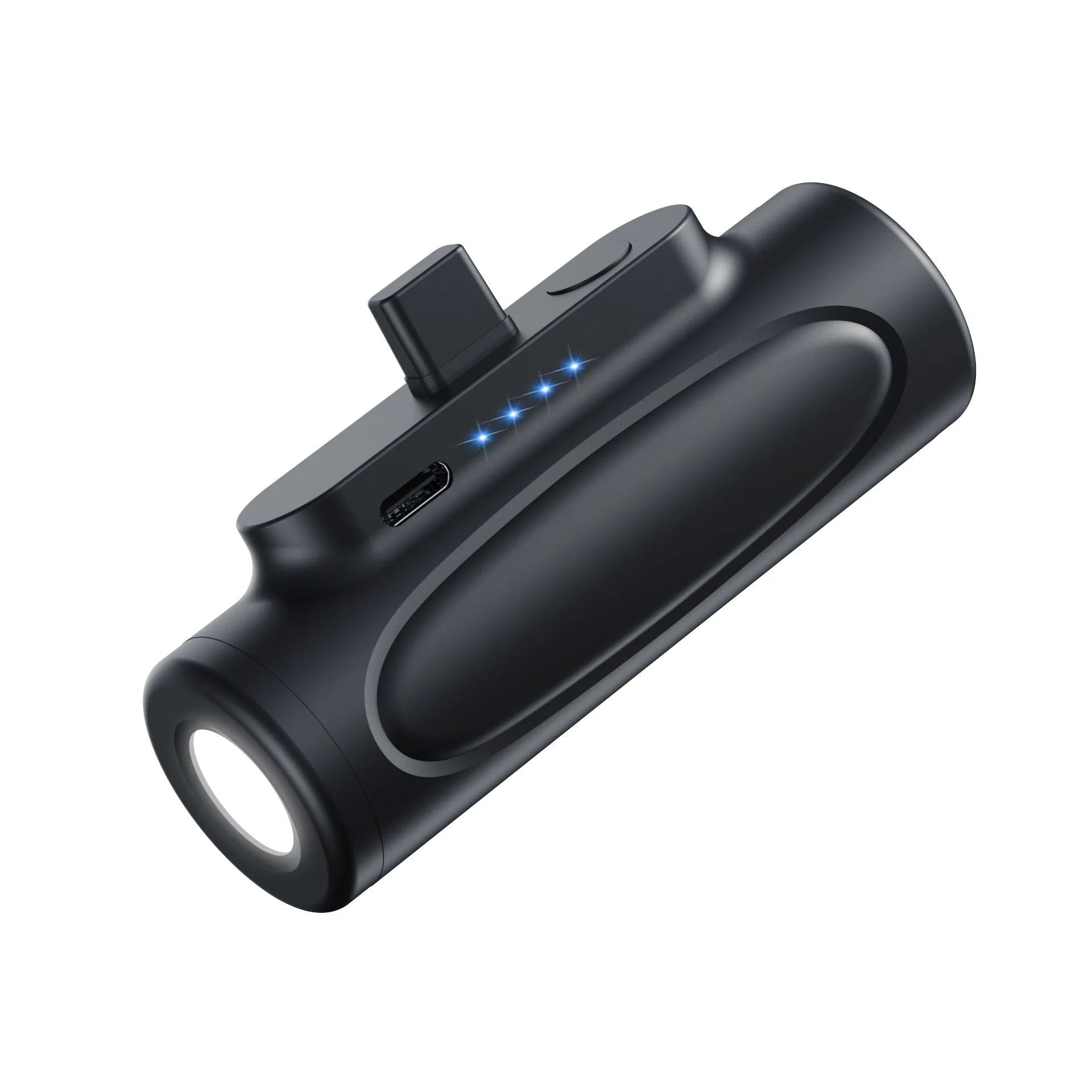 Black Creative Glare Power Bank showing USB-C port and LED flashlight on a compact plastic body.