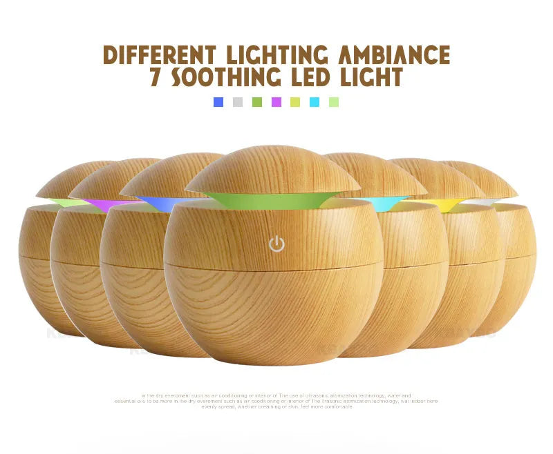 USB ultrasonic essential oil diffuser humidifier with 7 colour LED night light, light wood finish, 95x100mm