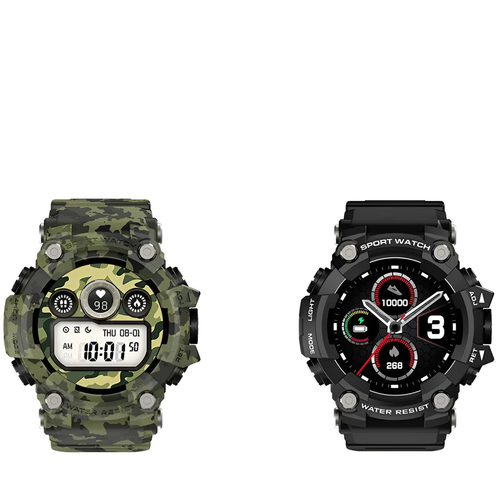 T6 Tactical Rugged Smart Watch in black or green with 1.3-inch screen and alloy case.