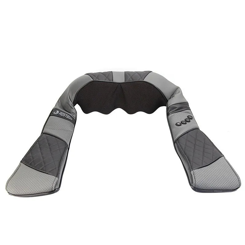 Grey electric massage shawl draped over shoulders with control unit and power cord visible