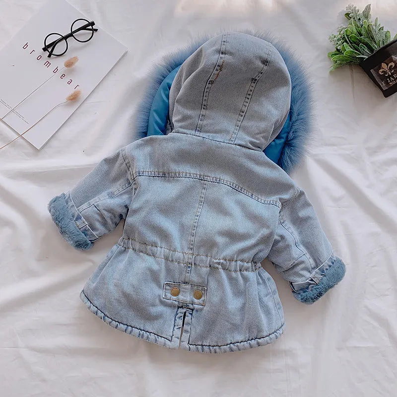 Blue denim coat for girls with attached hood and plus velvet lining shown with size tags