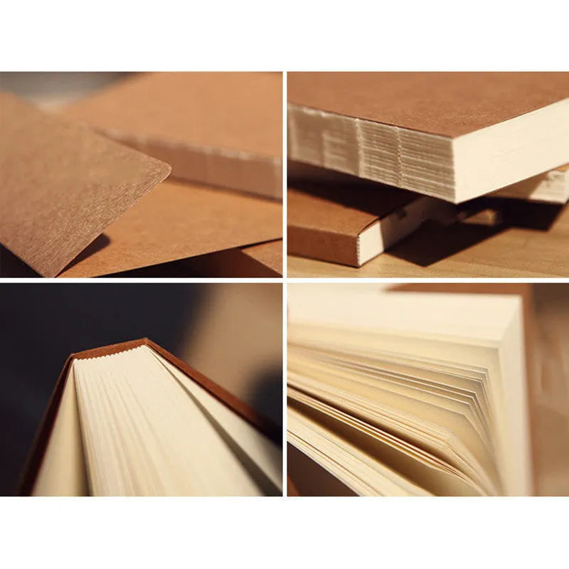 Brown and white kraft paper sketchbooks with lay-flat binding, shown in 16K and 32K sizes.
