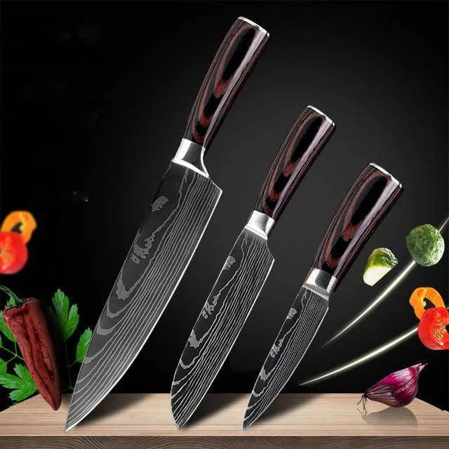 7Cr17 stainless steel kitchen knife with laser Damascus pattern on blade and colour steel handle.