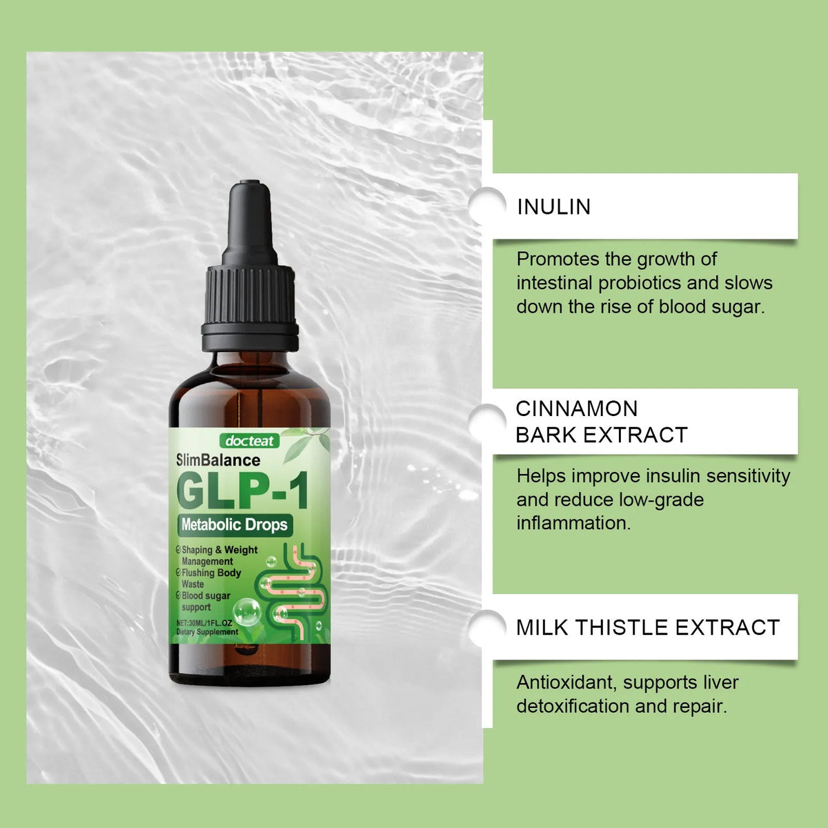 30ml intestinal dietary supplement droplet with inulin, cinnamon bark extract and milk thistle extracts