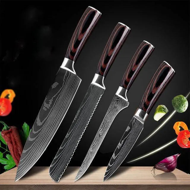 7Cr17 stainless steel kitchen knife with laser Damascus pattern on blade and colour steel handle.