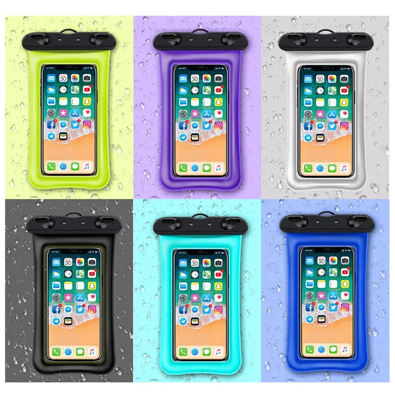 Orange waterproof PVC phone pouch with a 45cm rope and ABS seal switch.