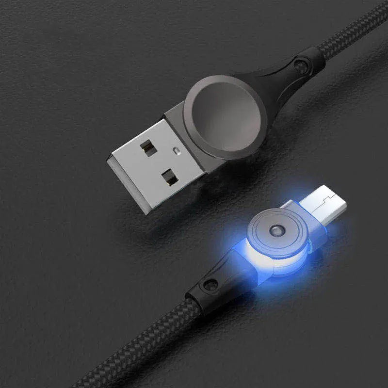 Black fast-charging USB cable with a rotating zinc alloy connector on a white background