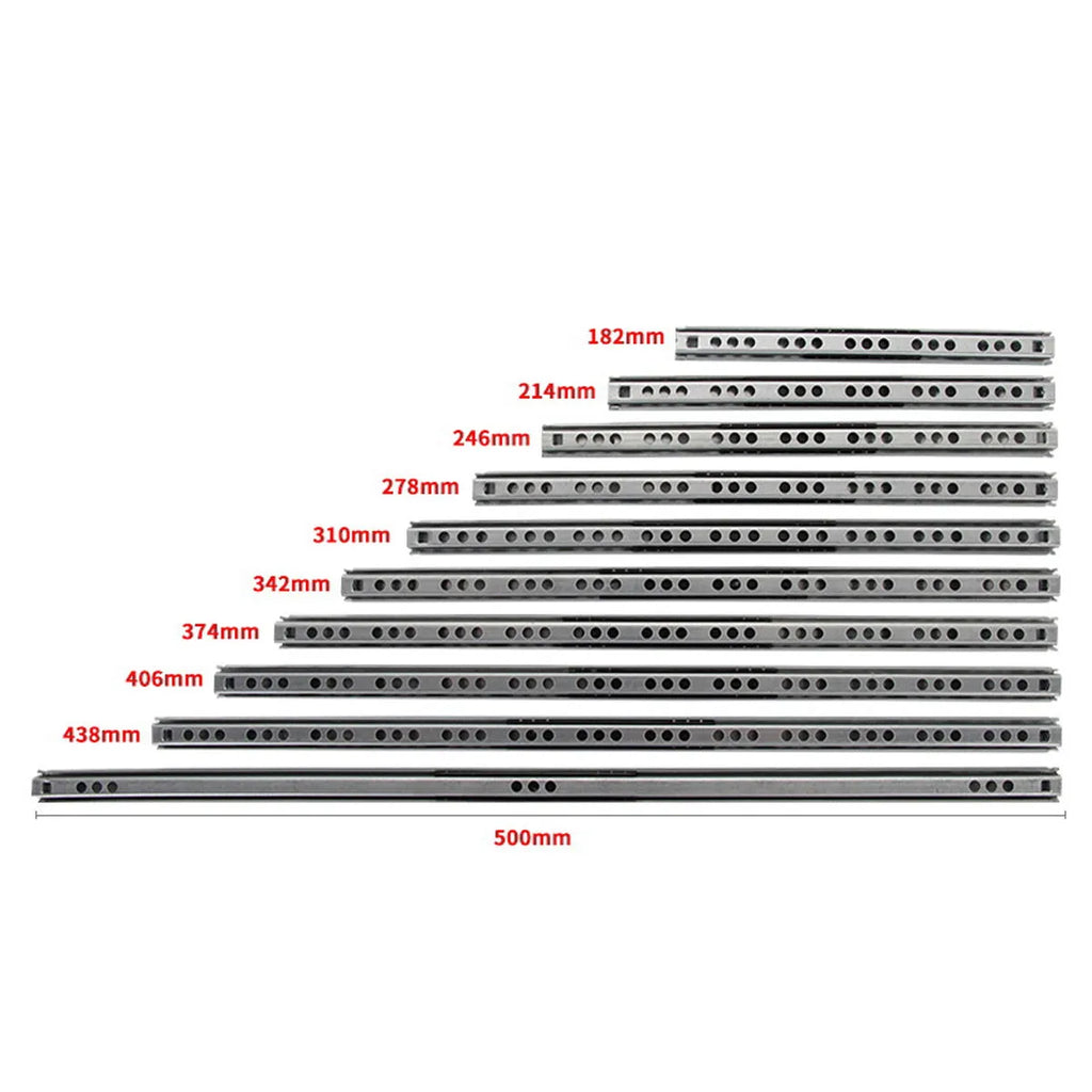 Ultra-narrow 17mm wide metal drawer slide rail with ball bearings for cabinet installation.
