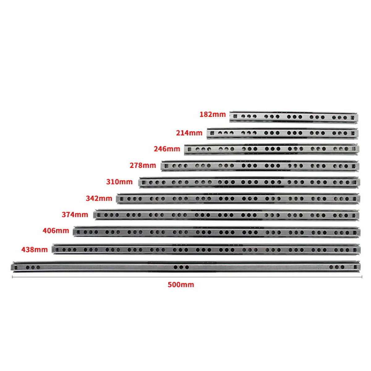 Ultra-narrow 17mm wide metal drawer slide rail with ball bearings for cabinet installation.