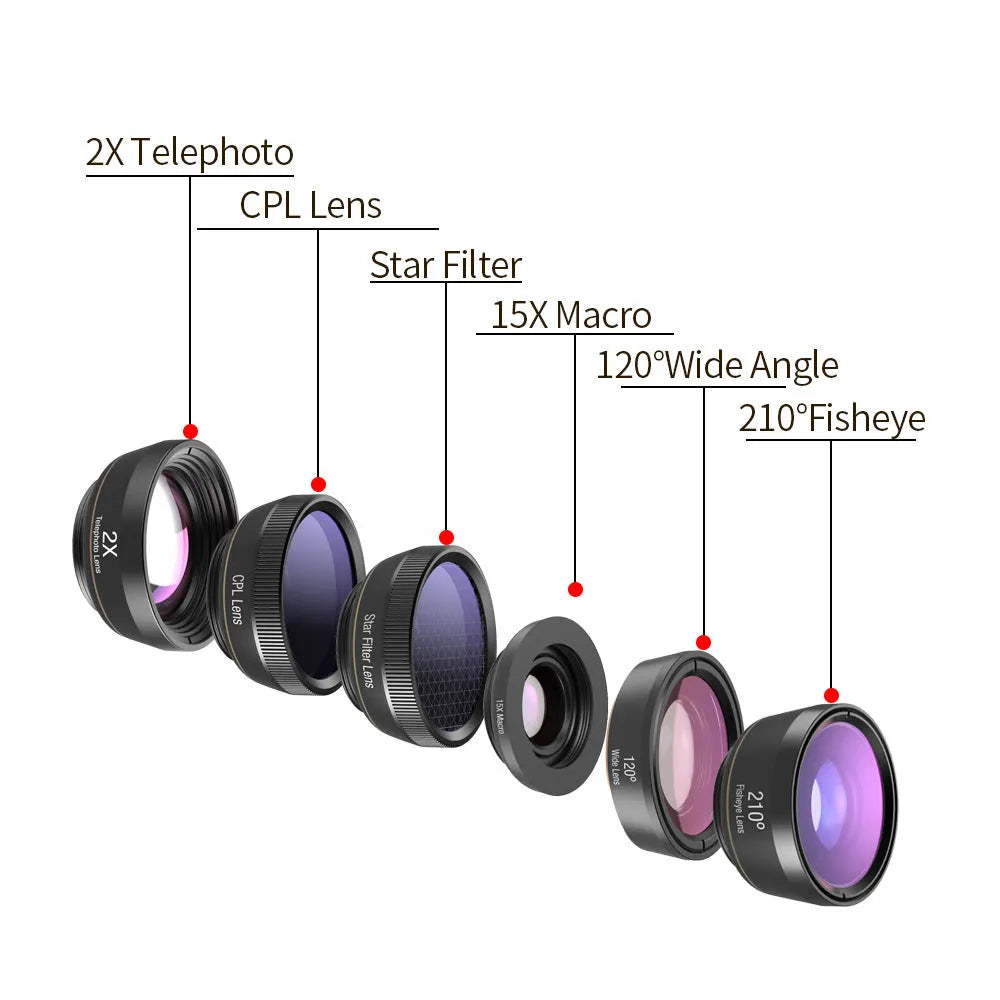 Black 6-in-1 universal smartphone camera lens kit with fisheye, wide-angle, macro, and telephoto lenses in an EVA case.