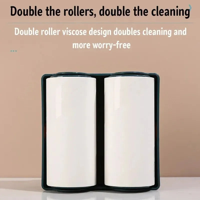 Green pet hair removal roller with handle and double rollers on a white background