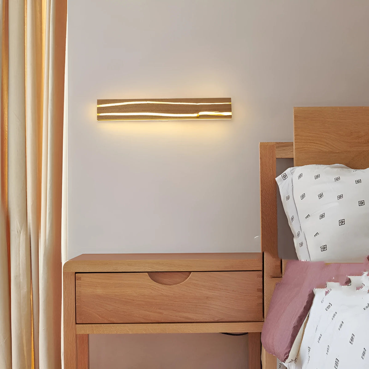 Solid wood LED wall light in log colour with rubber wood frame and acrylic panel