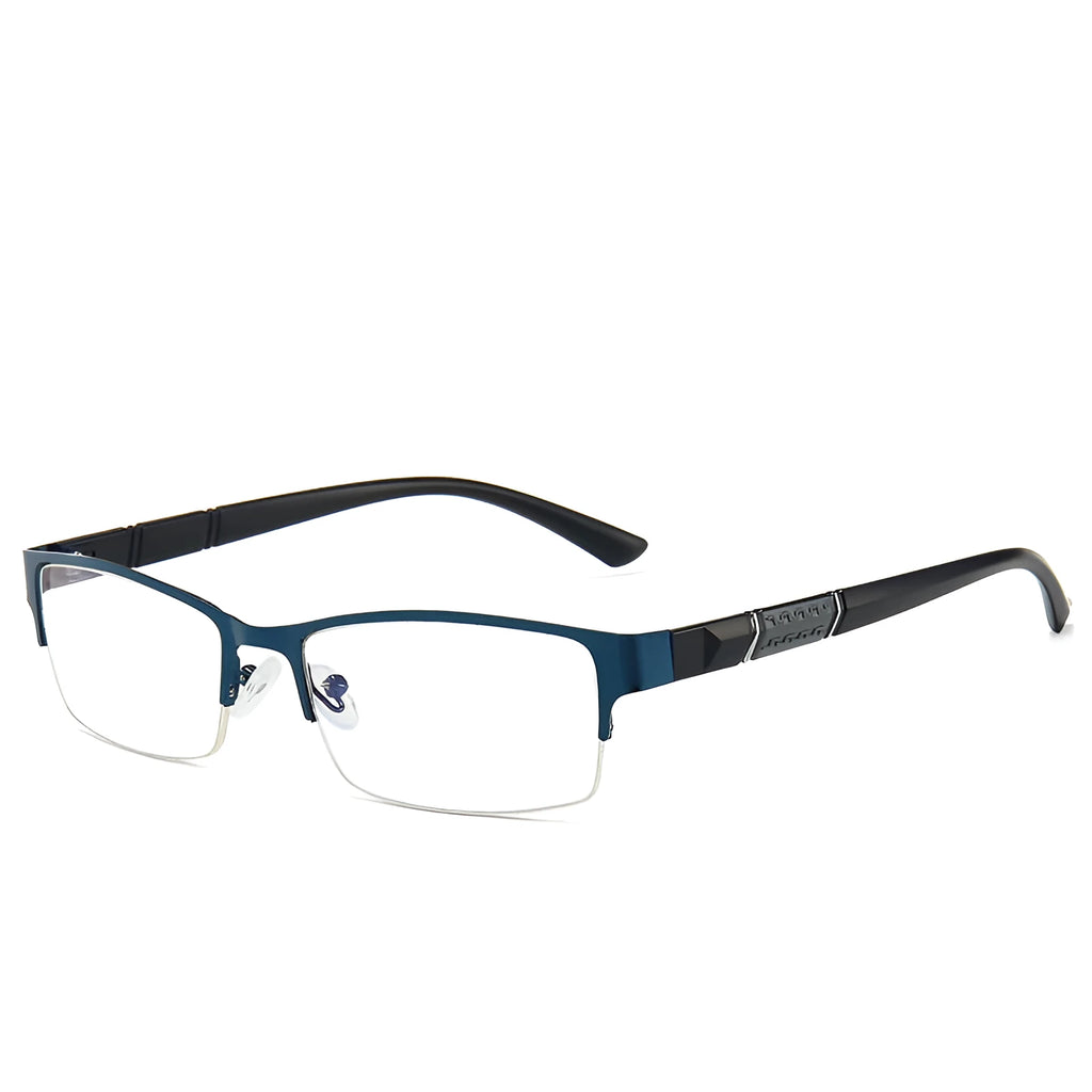 Men's half-frame myopia glasses with metal frame in simple style, available in black blue grey with minus lenses -0.50 to -6.00