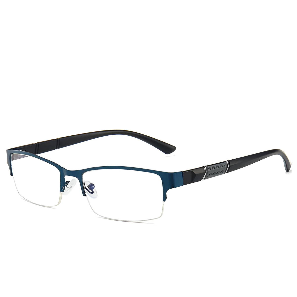 Men's half-frame myopia glasses with metal frame in simple style, available in black blue grey with minus lenses -0.50 to -6.00