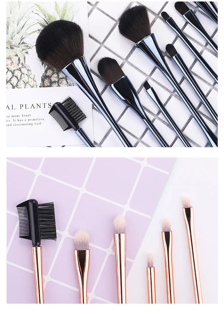 Small waist makeup brush set with nylon bristles and plastic handles in light blue, red, rose gold, and light colours