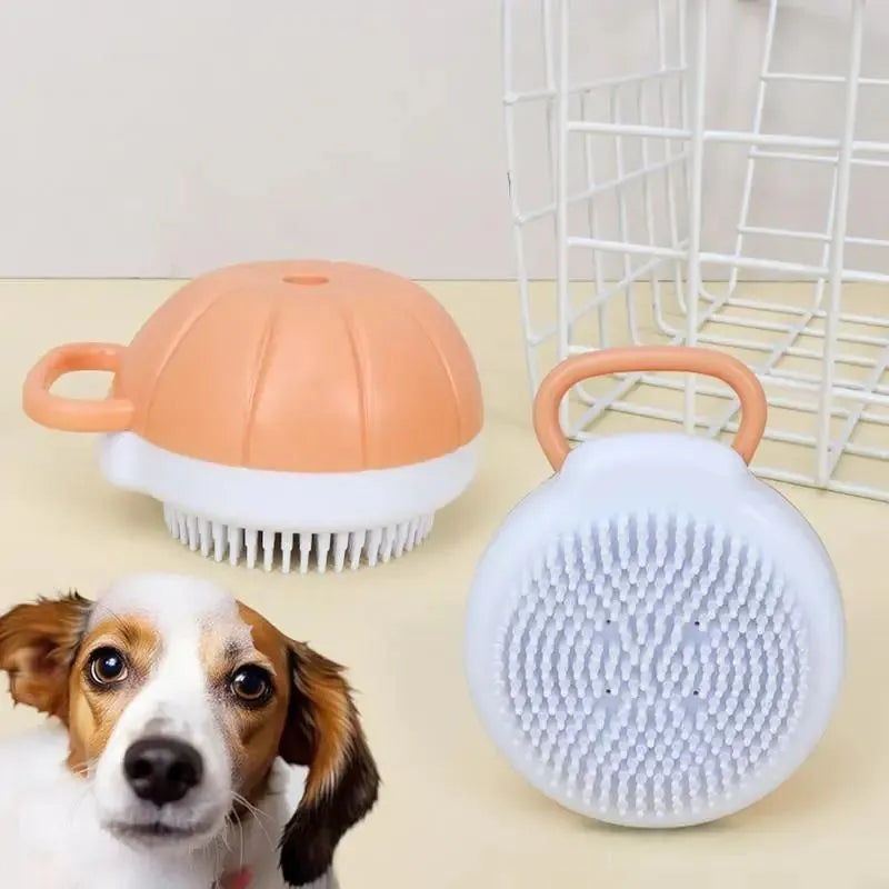 Orange TPR dog bath brush with shampoo dispenser and pumpkin-shaped grip