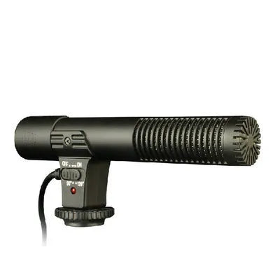 Black MIC-01 back-pole condenser microphone with universal hot shoe mount and 3.5mm jack on a dark background