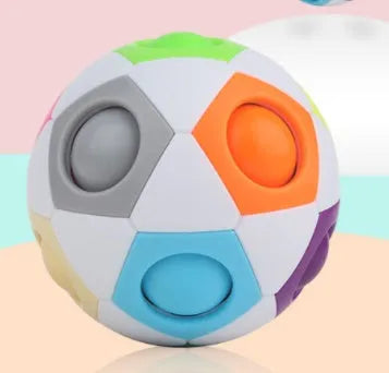 Rainbow coloured ball puzzle with moveable pieces inside a clear plastic sphere.