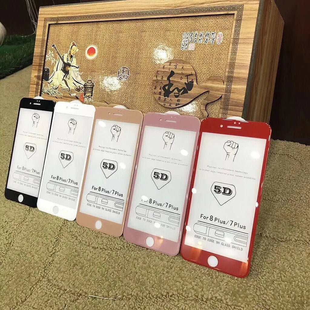 Tempered glass screen protector for iPhone with 5D cold carved full screen cover in black, white, red, pink, or gold.