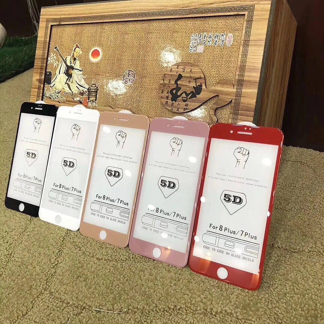 Tempered glass screen protector for iPhone with 5D cold carved full screen cover in black, white, red, pink, or gold.