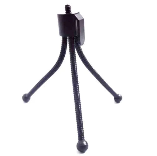 Silver iron mini desktop tripod with folded legs and a black universal ball head mount.