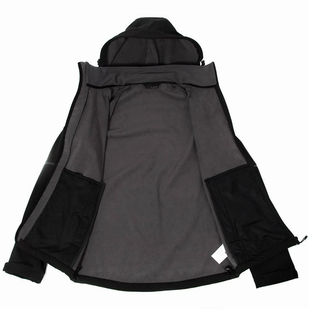 Mountaineering sport jacket in black, blue, and red, made of polyester, with full zip and stand collar