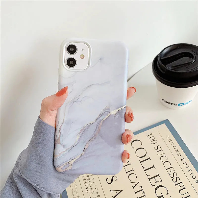 Marble pattern iPhone case with cartoon elements in multiple colour options for 11, 12, X, 7/8 models