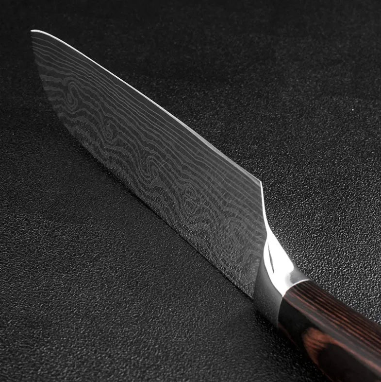 7Cr17 stainless steel kitchen knife with laser Damascus pattern on blade and colour steel handle.