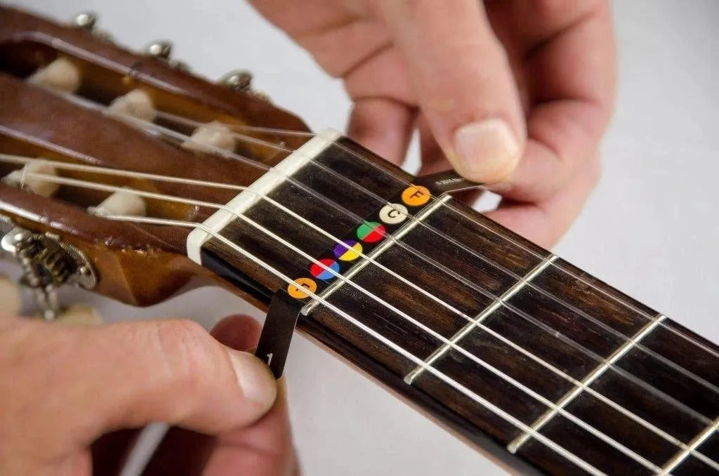 Guitar fretboard sticker with note labels for 6-string acoustic or electric guitar in black finish